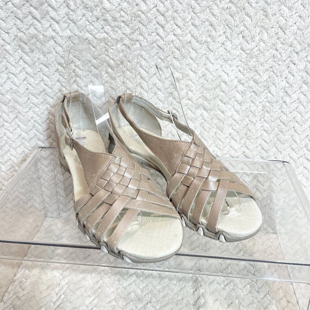 Skechers Peep Toe Front Weave Metallic Taupe Sandals Womens Size 6 Coquette